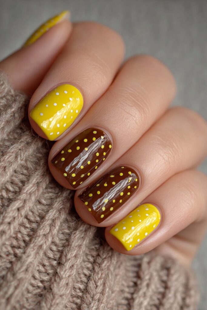 Brown and yellow polka dot nails offering a bold contrast and trendy retro-inspired design.