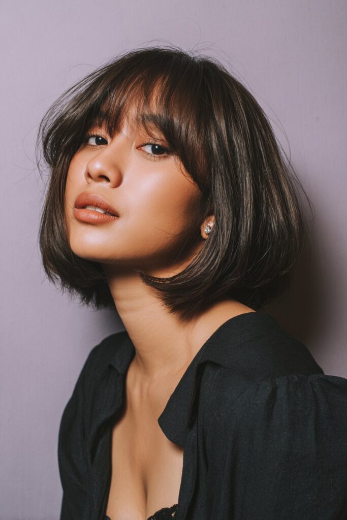 A stunning young woman in her 20s with natural skin tone, showcasing a bob hairstyle with side bangs featuring a classic short bob with side swept bangs, featuring a classic short bob with softly swept side bangs, captured in a close-up shot focusing on the hair, photographed against a seamless soft lavender backdrop with a matte finish. She has subtle makeup, a chic outfit, realistic hair texture, warm skin tone, and a confident expression, captured with soft natural lighting and an Instagram-style beauty vibe.