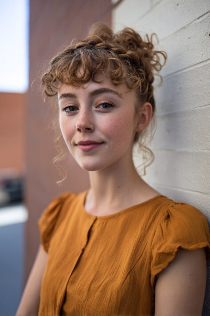 Woman with short half-up crown braid, voluminous curls, caramel brown hair, brick backdrop.