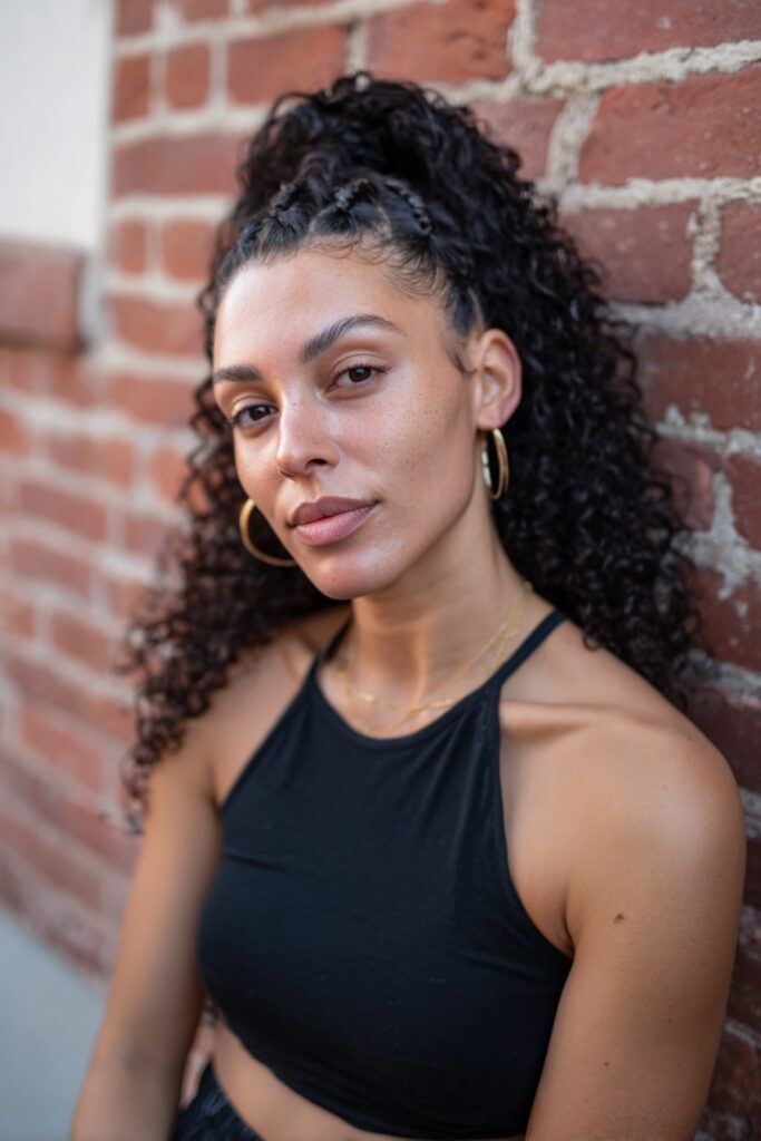 Woman with half up half down curly hair, crown braid, voluminous curls, brick backdrop.
