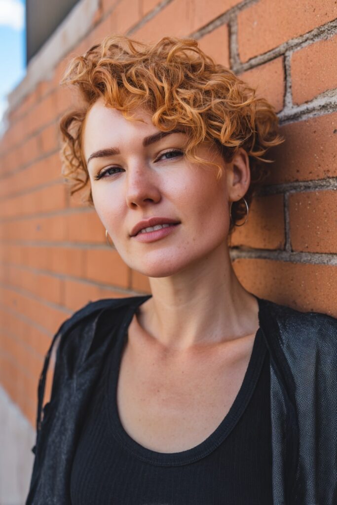 Woman with short 3c curly bixie cut, strawberry blonde hair, urban brick backdrop.