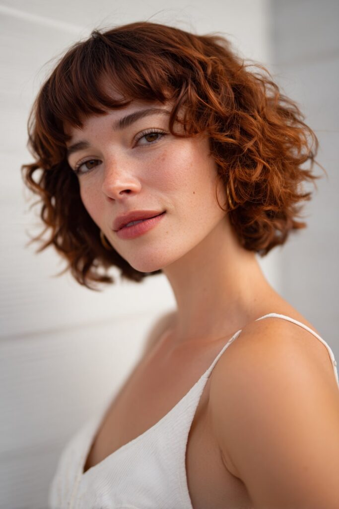 Woman with short 3c curly bob, bangs, warm auburn hair, white backdrop.