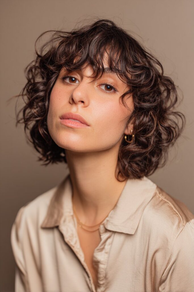 A stunning young woman in her 20s with natural skin tone, showcasing a bob hairstyle with side bangs featuring a curly bob with side bangs, featuring a curly bob with side-swept bangs, captured in a close-up shot focusing on the hair, photographed against a seamless soft taupe backdrop with a satin finish. She has subtle makeup, a chic outfit, realistic hair texture, warm skin tone, and a confident expression, captured with soft natural lighting and an Instagram-style beauty vibe.
