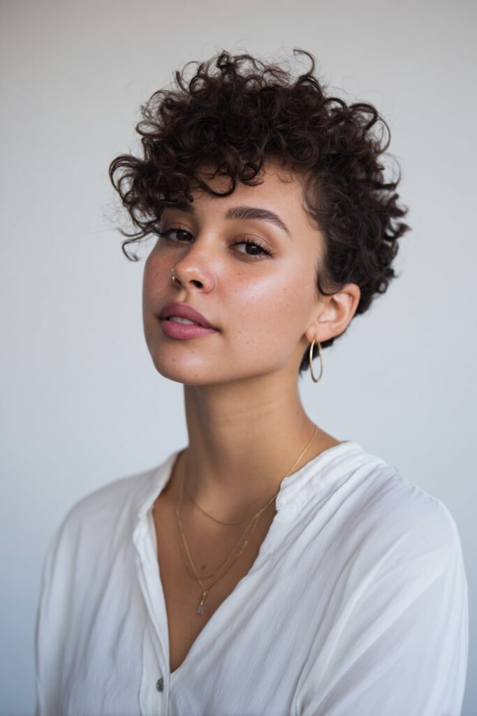 Woman with short 3c curly bowl cut, dark brown hair, seamless white backdrop.