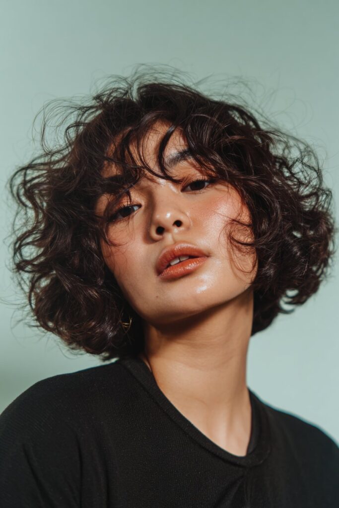 A stunning young woman in her 20s with natural skin tone, showcasing a bob hairstyle for going out featuring a curly graduated bob, featuring a curly graduated bob with defined curls, captured in a close-up shot focusing on the hair, photographed against a seamless deep navy backdrop with a smooth texture for optimal color contrast. She has subtle makeup, a chic evening outfit, realistic hair texture, warm skin tone, and a confident expression, captured with soft natural lighting and an Instagram-style beauty vibe.