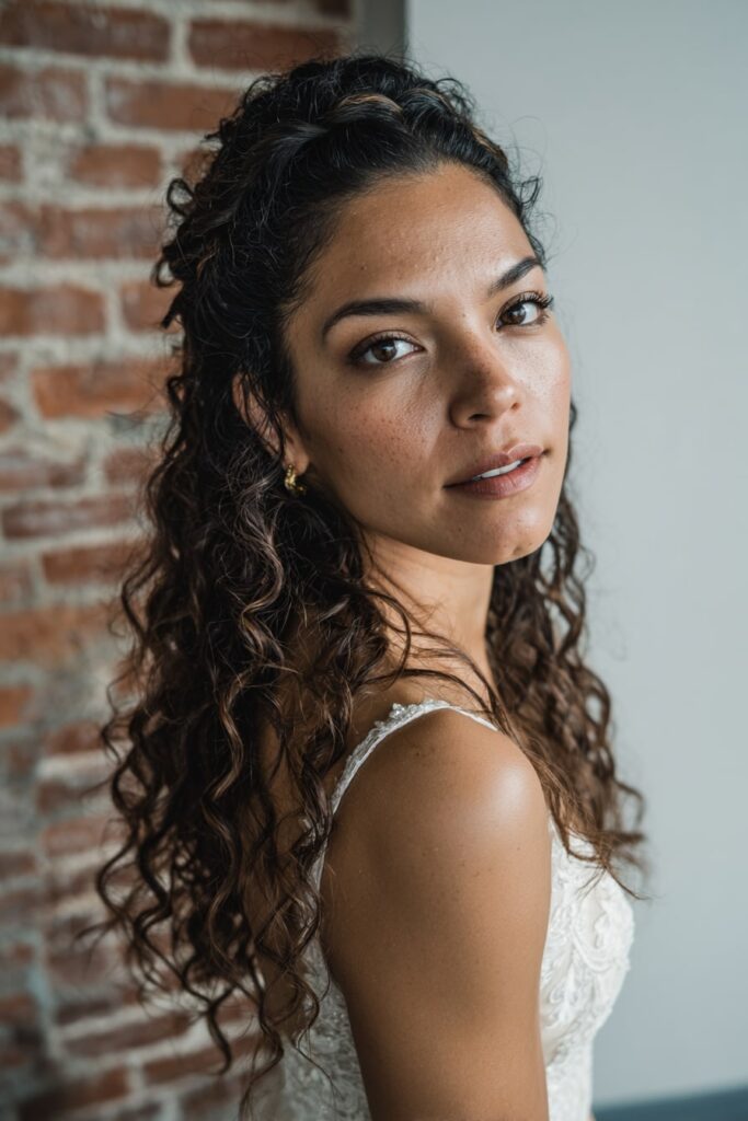 Bride with curly half-updo, fishtail braid, chestnut brown hair, brick backdrop.