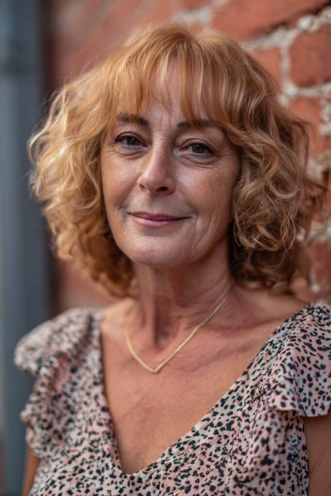 Woman over 50 with Curly Layered Bob with Bangs