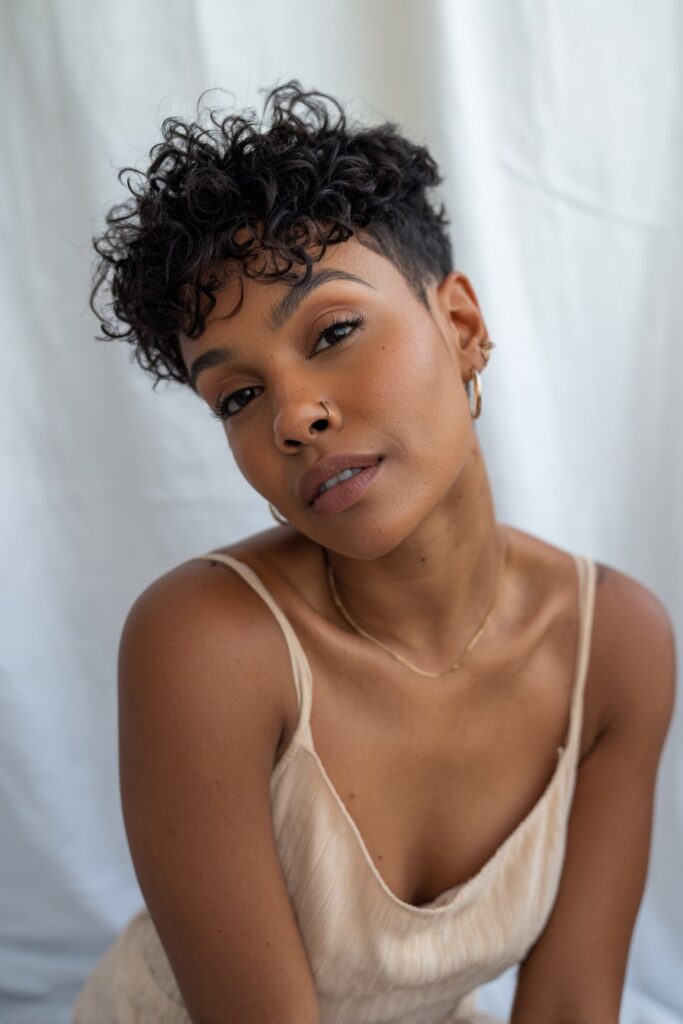 Woman with short 3c curly pixie cut, natural black hair, seamless white backdrop.