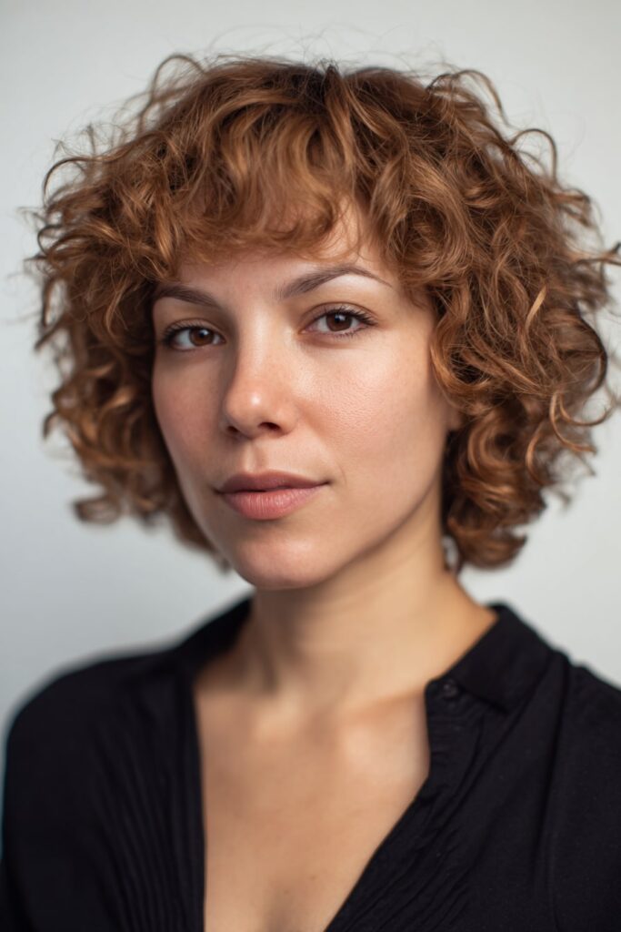 Young woman with medium-short curly pixie, micro bangs, layers, warm auburn hair, white backdrop.