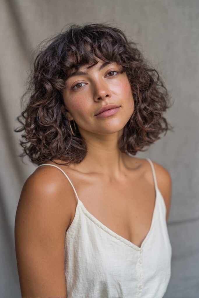 Young woman with medium-length curly shag, full bangs, natural gray hair, soft gray backdrop.