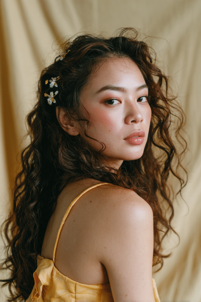 A stunning young woman in her 20s with natural skin tone, showcasing a homecoming hairstyle for curly hair with a curly side part with clips, featuring curly hair with a side part and decorative clips, captured in a close-up shot focusing on the hair, photographed against a seamless warm sage backdrop with a glossy sheen. She has subtle makeup, a chic homecoming dress, realistic hair texture, warm skin tone, and a confident expression, captured with soft natural lighting and an Instagram-style beauty vibe.