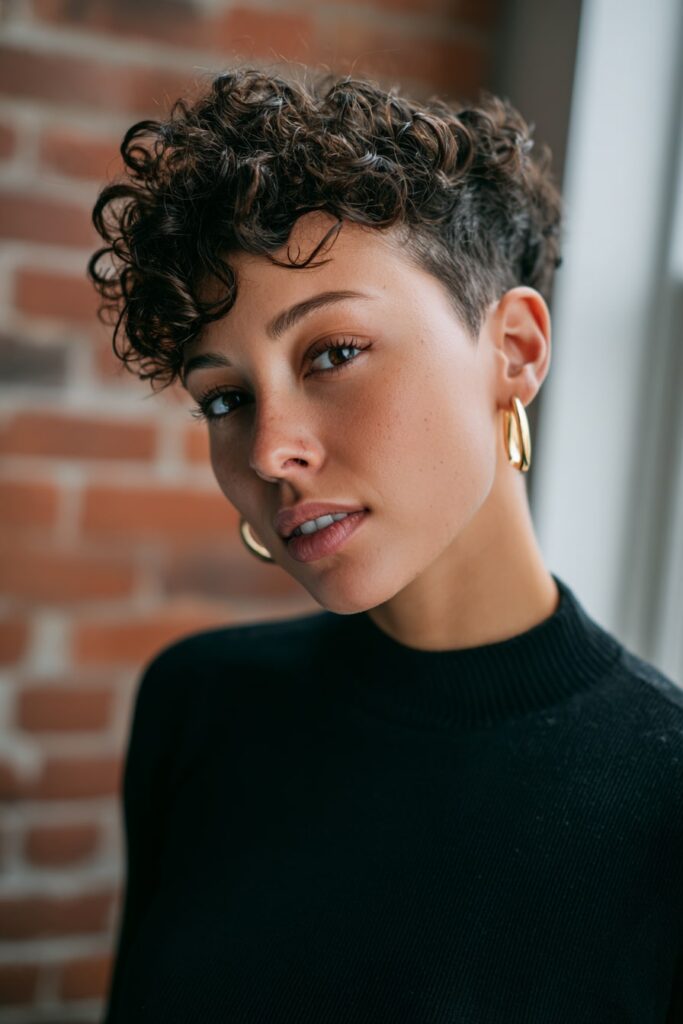 Woman with short 3c curly undercut, dark chestnut hair, brick wall backdrop.