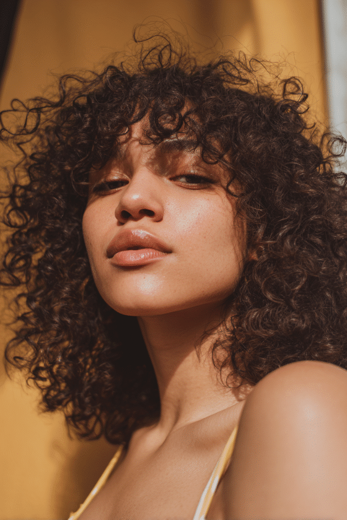 A stunning young woman in her 20s with natural skin tone, showcasing a homecoming hairstyle for curly hair with a curly wig glow-up, featuring a vibrant curly wig styled for a glamorous look, captured in a close-up shot focusing on the hair, photographed against a seamless warm amber backdrop with a silky texture. She has subtle makeup, a chic homecoming dress, realistic hair texture, warm skin tone, and a confident expression, captured with soft natural lighting and an Instagram-style beauty vibe.