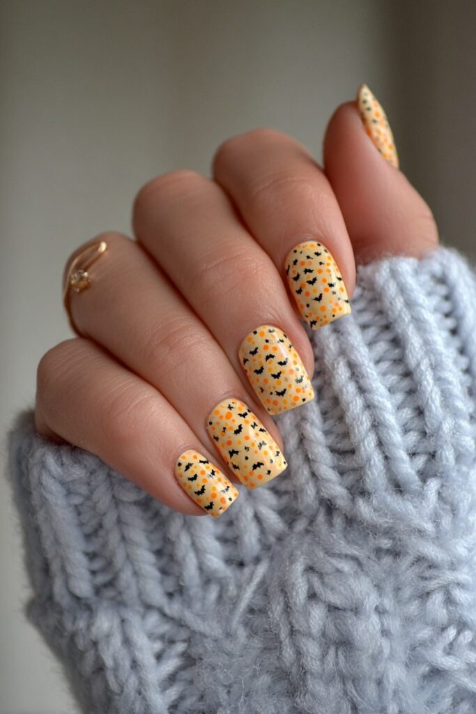 Adorable Halloween bat nails with purple and black polka dots for spooky cute look.