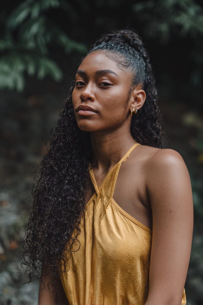 Black girl with half-up deep wave, weft extensions, deep brown hair, forest backdrop.