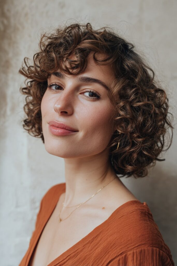 Woman with short 3c defined ringlets bob, caramel brown hair, plaster backdrop.