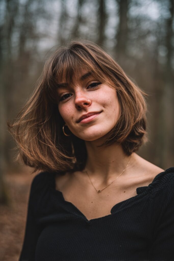 Young woman with medium-length face-framing layers, wispy bangs, light brown hair, forest backdrop.