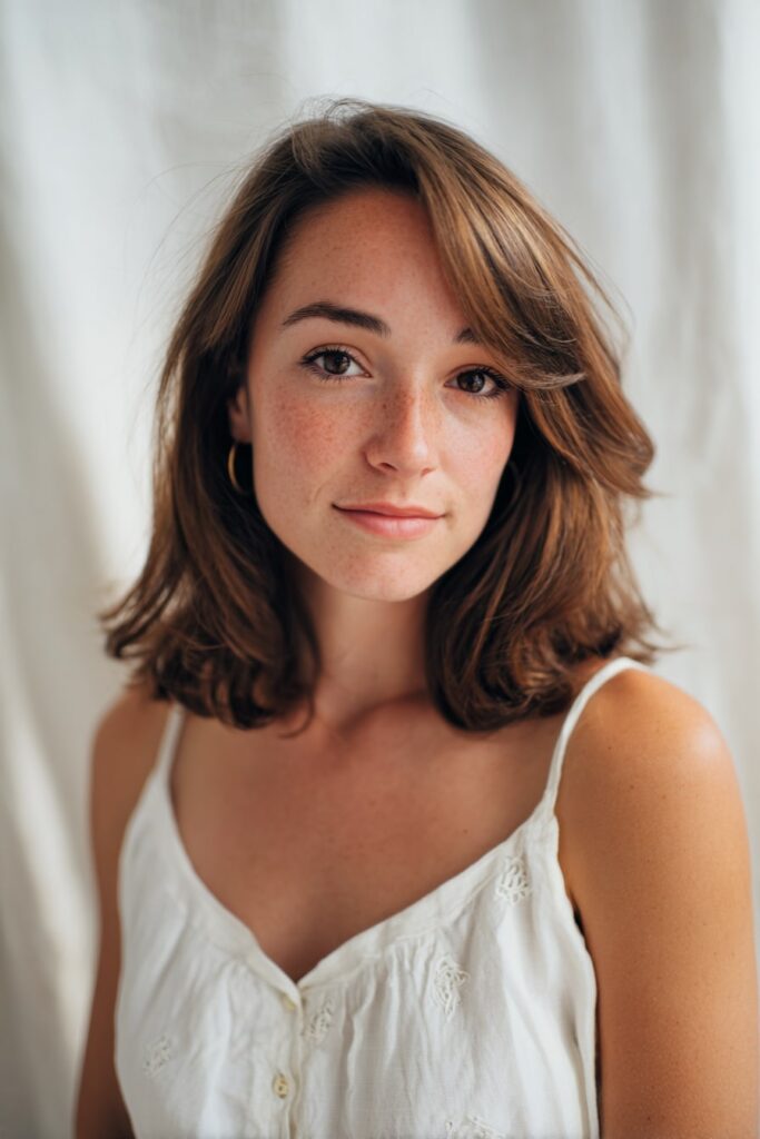 Young woman with medium-length feathered layers, curtain bangs, natural brown hair, seamless white backdrop.