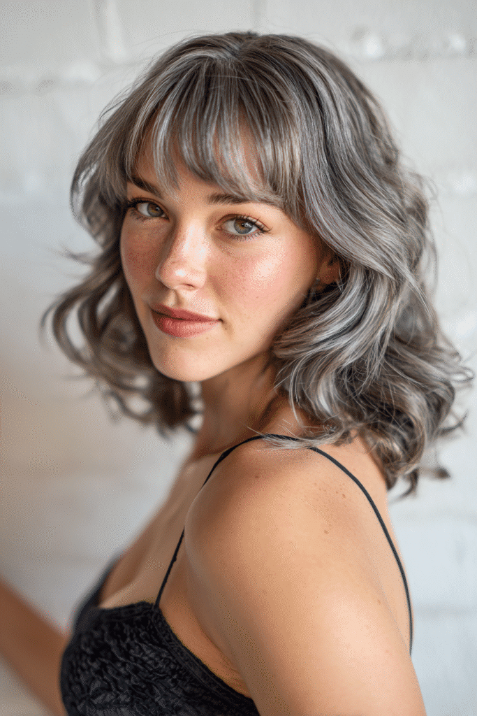 Young woman with shoulder-length feathered layers, curtain bangs, natural gray hair, seamless white backdrop.
