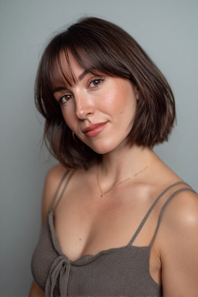 Young woman with medium-short French bob, curtain bangs, layers, dark chestnut hair, gray backdrop.