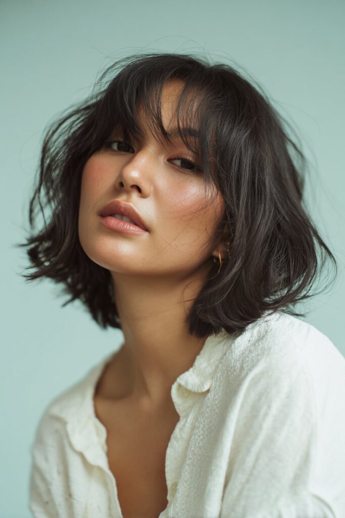 A stunning young woman in her 20s with natural skin tone, showcasing a bob hairstyle with side bangs featuring a French bob with side bangs, featuring a French bob with side-swept bangs, captured in a close-up shot focusing on the hair, photographed against a seamless light aqua backdrop with a smooth texture. She has subtle makeup, a chic outfit, realistic hair texture, warm skin tone, and a confident expression, captured with soft natural lighting and an Instagram-style beauty vibe.