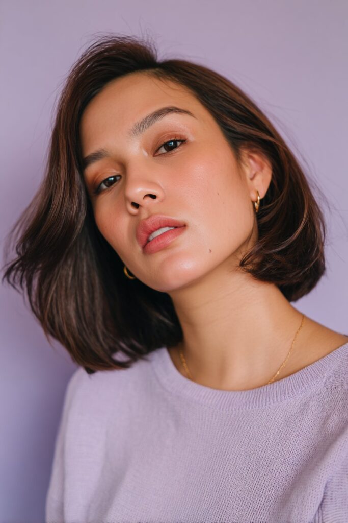 A stunning young woman in her 20s with natural skin tone, showcasing a bob hairstyle for going out featuring a graduated lob, featuring a graduated lob with subtle layering, captured in a close-up shot focusing on the hair, photographed against a seamless deep charcoal backdrop with a glossy texture for optimal color contrast. She has subtle makeup, a chic evening outfit, realistic hair texture, warm skin tone, and a confident expression, captured with soft natural lighting and an Instagram-style beauty vibe.
