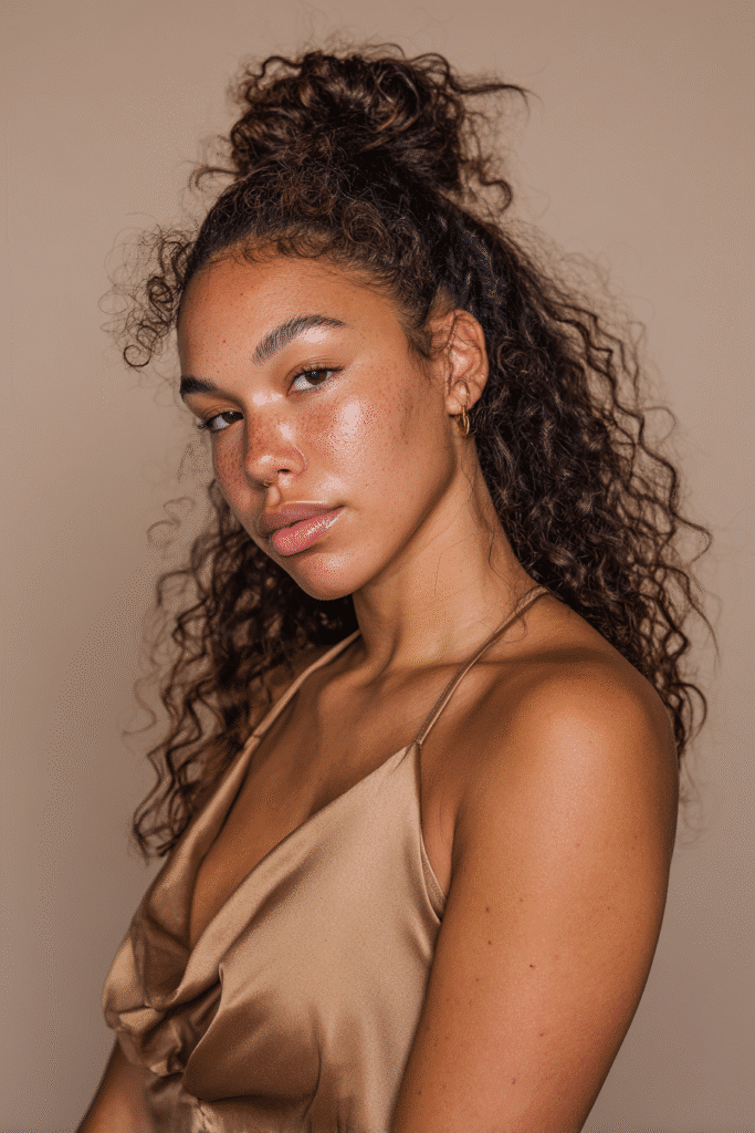 A stunning young woman in her 20s with natural skin tone, showcasing a homecoming hairstyle for curly hair with a half bun babe, featuring a half-up bun with curly texture, captured in a close-up shot focusing on the hair, photographed against a seamless soft taupe backdrop with a satin finish. She has subtle makeup, a chic homecoming dress, realistic hair texture, warm skin tone, and a confident expression, captured with soft natural lighting and an Instagram-style beauty vibe.