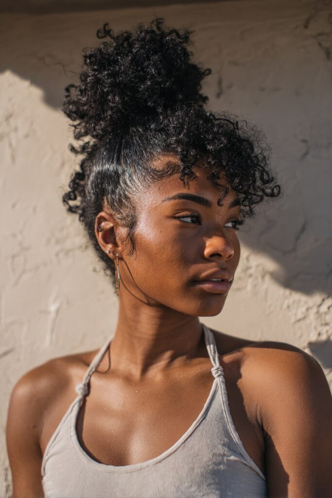 Black girl with half-up stitch weave, curly hairstyle, jet black hair, plaster backdrop.