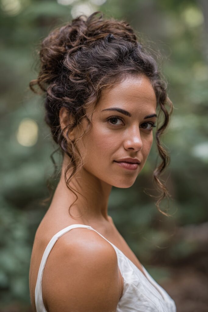 Bride with half-up bun, defined curls, dark brunette hair, forest backdrop.