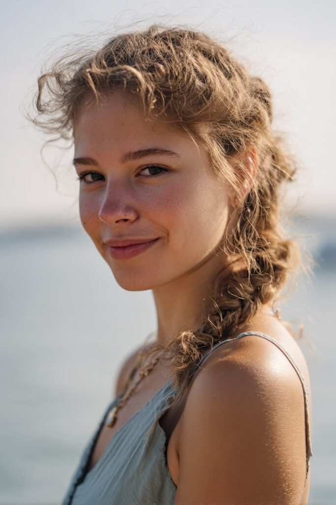 Woman with short half-up fishtail braid, beachy texture, sandy blonde hair, white backdrop.