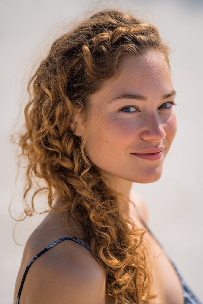 Woman with half up half down curly hair, fishtail braid, beachy texture, white backdrop.