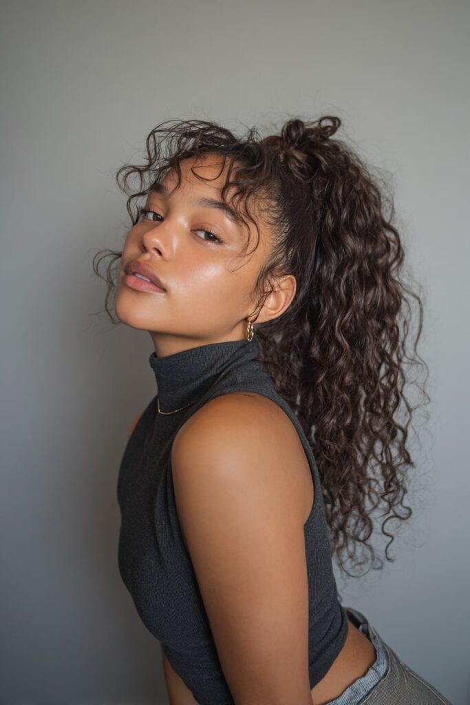 Black girl with half-up curly ponytail, curly bundles, dark brown hair, gray backdrop.