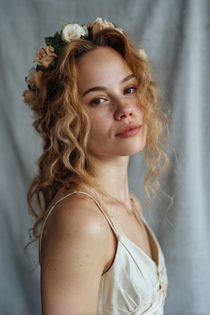 Bride with half-up half-down curls, floral crown, golden blonde hair, gray backdrop.