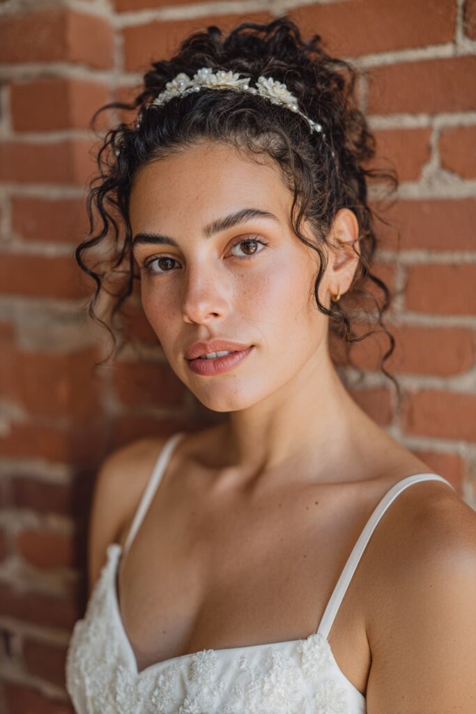 Bride with half-up headband, natural gray hair, brick backdrop.