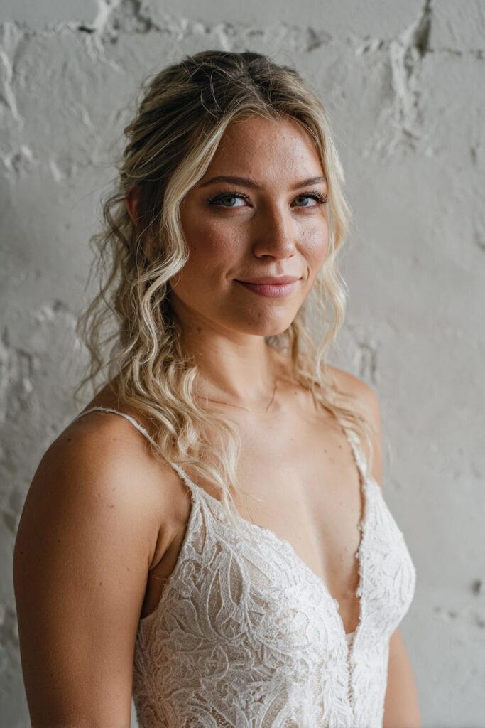 Bride with half-up Hollywood waves, platinum blonde hair, plaster backdrop.
