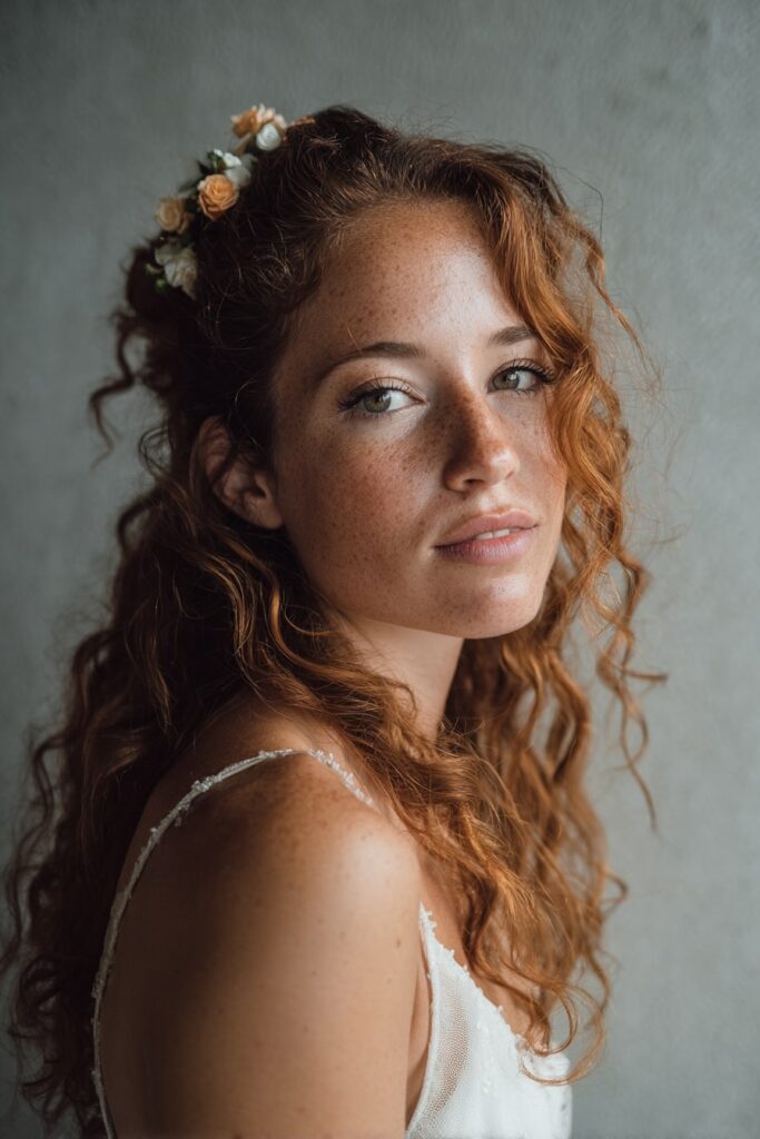 Bride with half-up half-down curls, real flowers, warm auburn hair, gray backdrop.