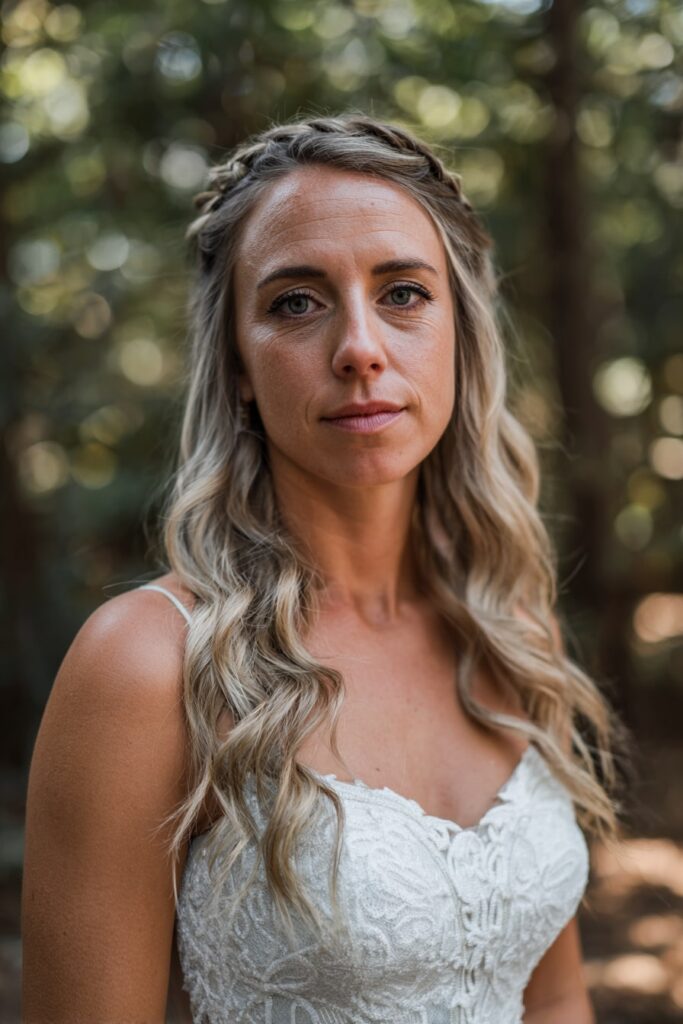 Bride with half-up side braids, silver highlights hair, forest backdrop.