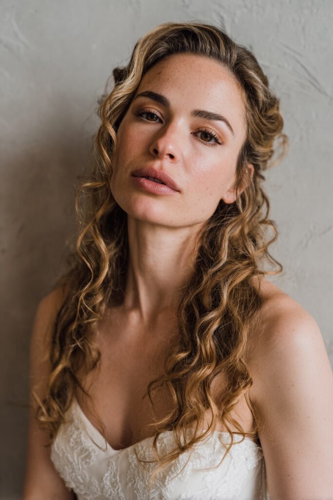 Bride with half-up twisted knots, ash blonde hair, plaster backdrop.