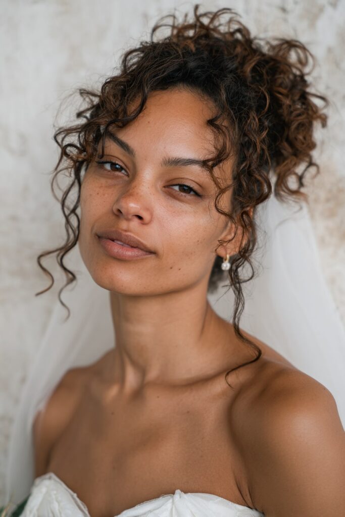 Bride with half-up veil, curly hairstyle, natural brown hair, plaster backdrop.