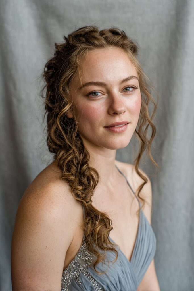 Bride with half-up waterfall braid, light brown hair, gray backdrop.