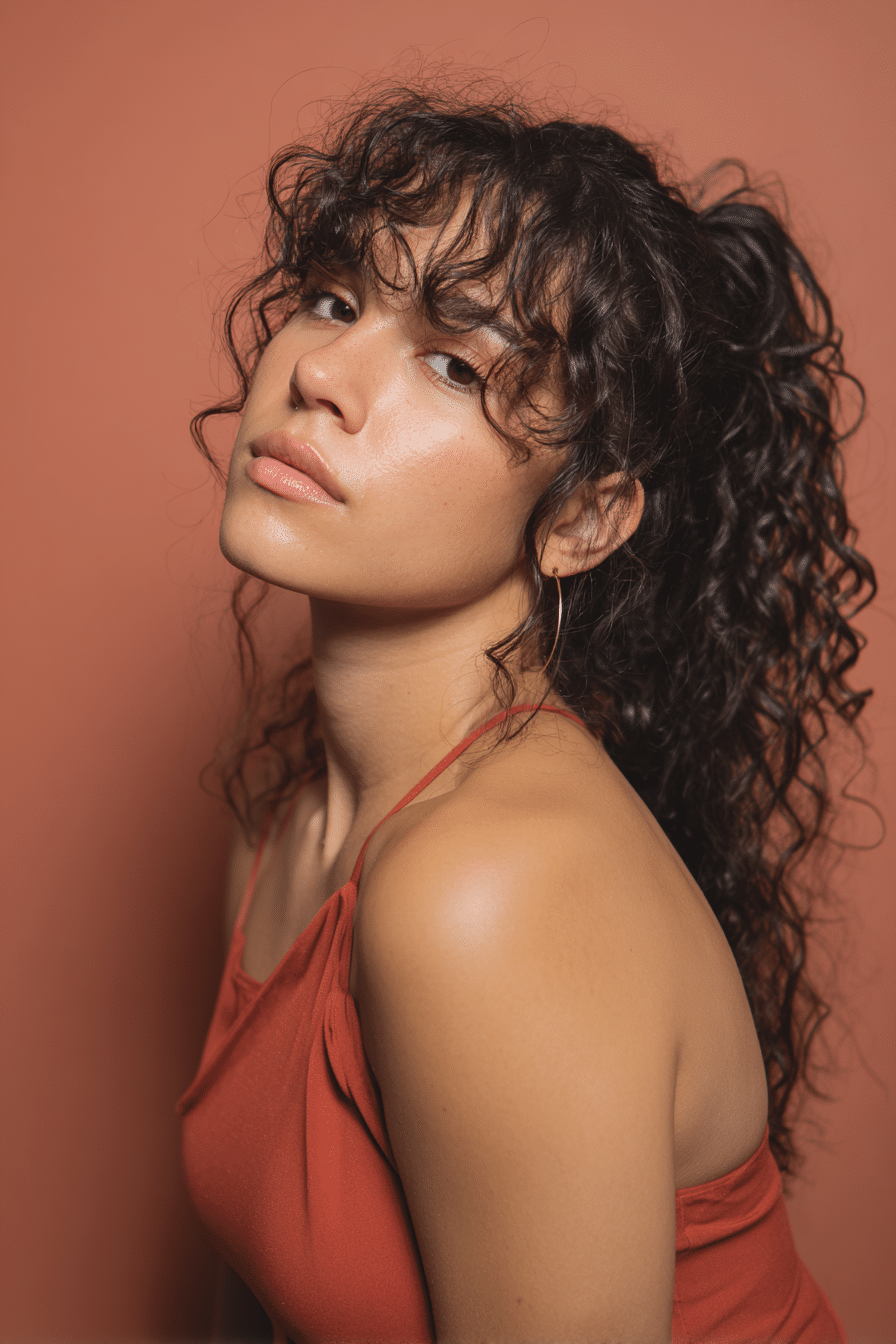 A stunning young woman in her 20s with natural skin tone, showcasing a homecoming hairstyle for curly hair with half-up twist magic, featuring a half-up style with twisted curly sections, captured in a close-up shot focusing on the hair, photographed against a seamless warm coral backdrop with a smooth texture. She has subtle makeup, a chic homecoming dress, realistic hair texture, warm skin tone, and a confident expression, captured with soft natural lighting and an Instagram-style beauty vibe.