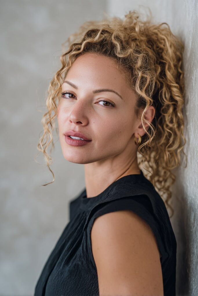 Woman with half up half down curly hair, crimped texture, half-updo, plaster backdrop.