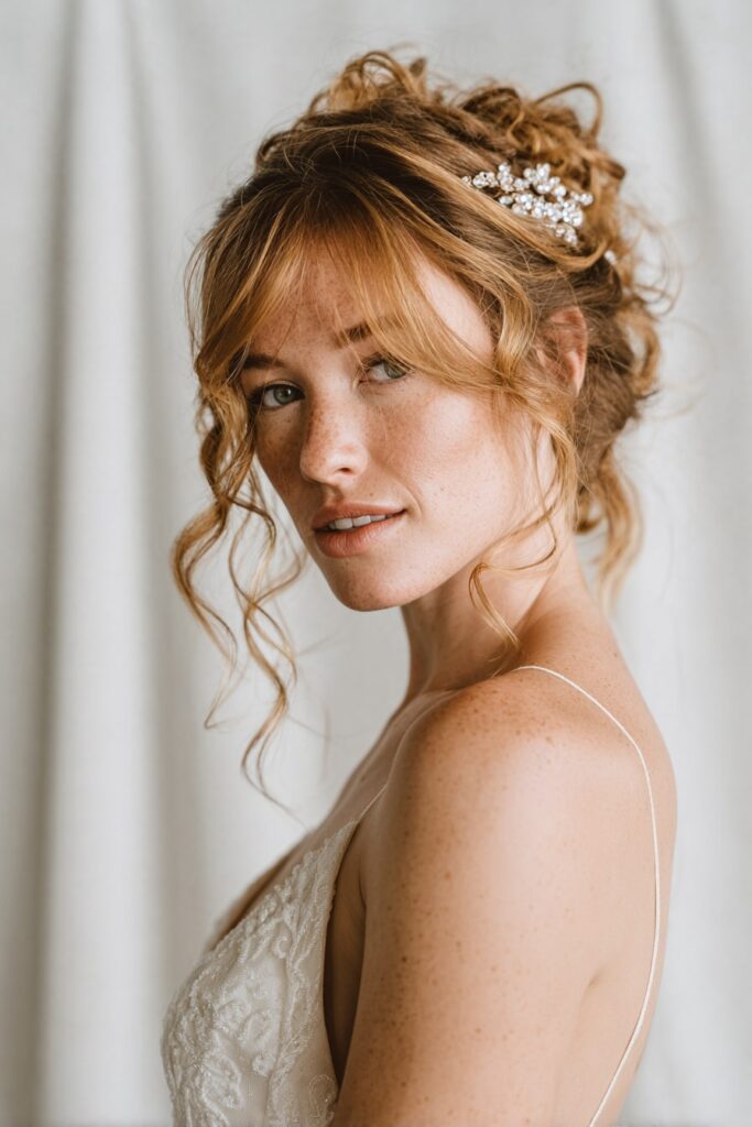 Bride with half-updo, sparkling clip, sandy blonde hair, white backdrop.