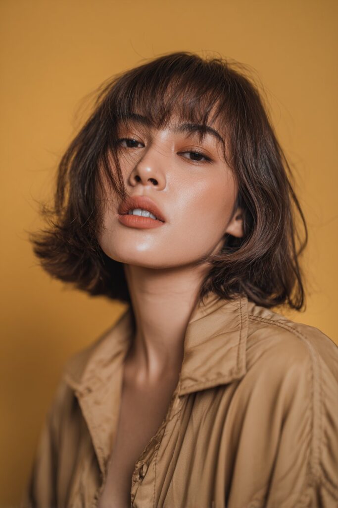 A stunning young woman in her 20s with natural skin tone, showcasing a bob hairstyle with side bangs featuring an inverted bob with side bangs, featuring an inverted bob with side-swept bangs, captured in a close-up shot focusing on the hair, photographed against a seamless warm mustard backdrop with a satin finish. She has subtle makeup, a chic outfit, realistic hair texture, warm skin tone, and a confident expression, captured with soft natural lighting and an Instagram-style beauty vibe.