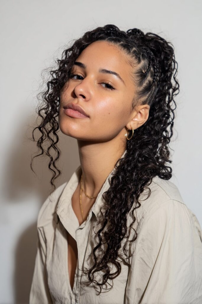 Black girl with half-up kinky twists, curly braiding hair, jet black, white backdrop.