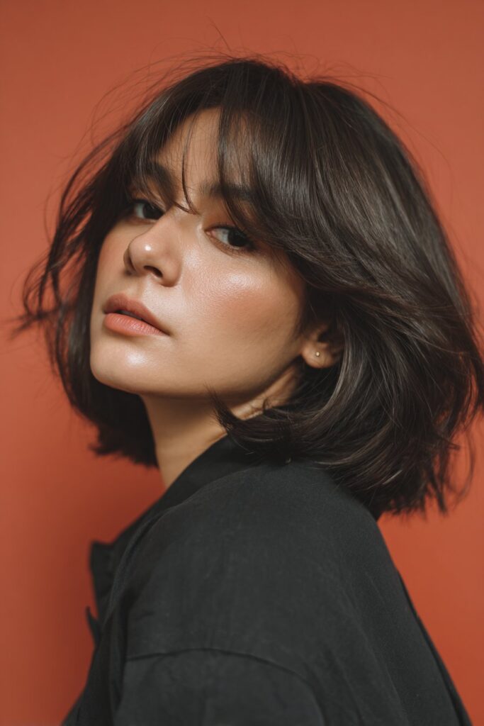 A stunning young woman in her 20s with natural skin tone, showcasing a bob hairstyle with side bangs featuring a layered bob haircut with side bangs, featuring a layered bob with side-swept bangs, captured in a close-up shot focusing on the hair, photographed against a seamless warm coral backdrop with a smooth texture. She has subtle makeup, a chic outfit, realistic hair texture, warm skin tone, and a confident expression, captured with soft natural lighting and an Instagram-style beauty vibe.