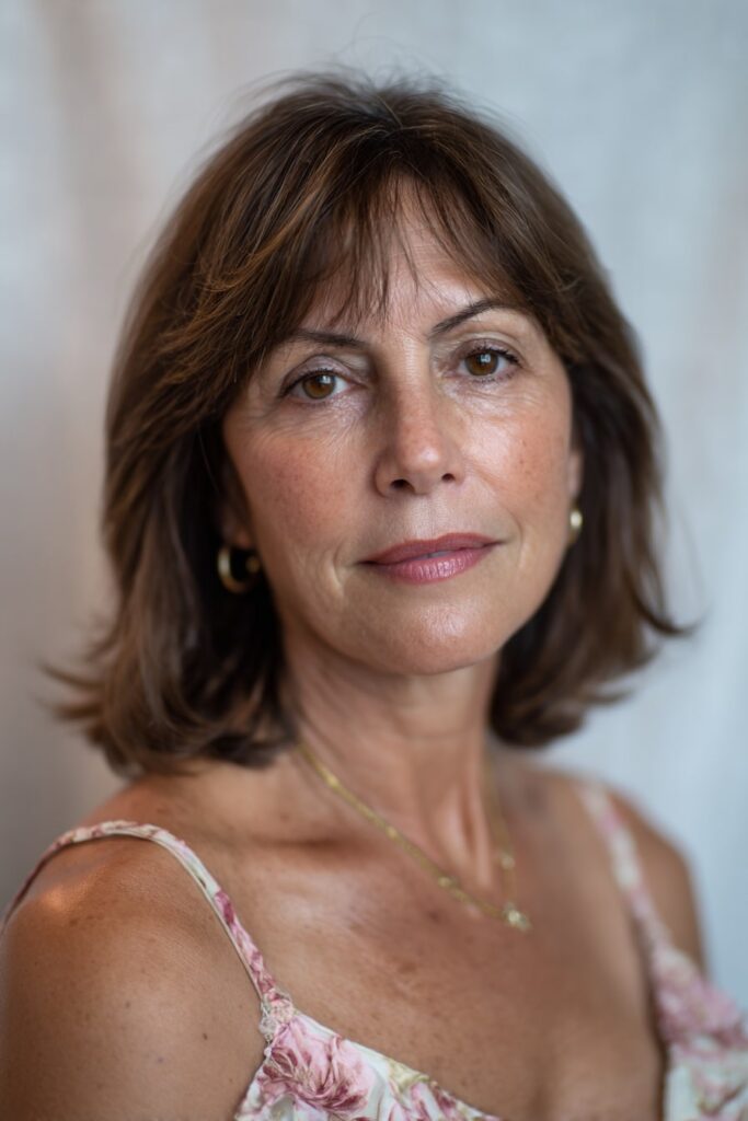 Woman over 50 with shoulder-length layered bob, feathered bangs, natural brown hair, white backdrop.