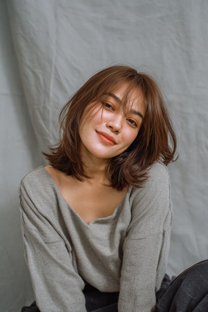 Young woman with medium-short layered bob, wispy fringe, layers, natural brown hair, gray backdrop.