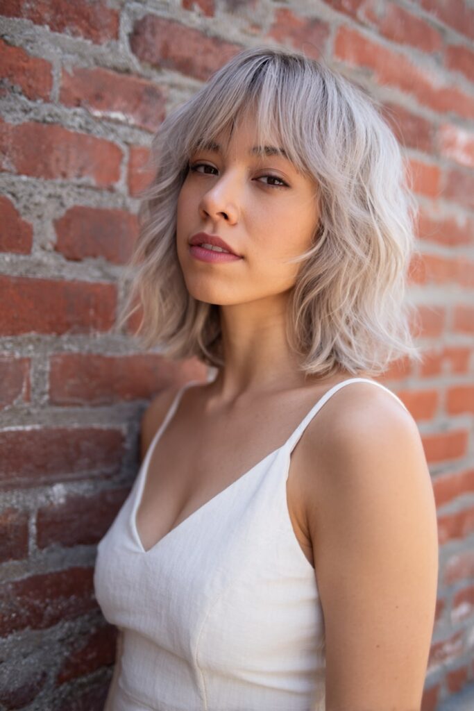 Young woman with medium-short layered crop, wispy bangs, layers, silver highlights hair, brick backdrop.