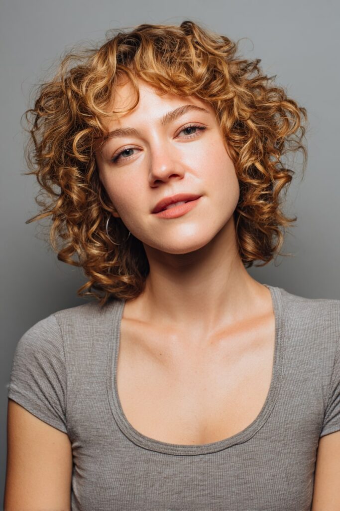 Woman with short 3c layered curly lob, golden brown hair, soft gray backdrop.